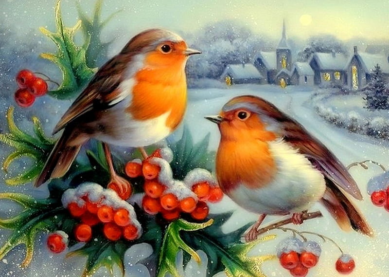 Winter birds, art, christmas, holiday, houses, birds, bonito, branch, winter, snow, painting, peaceful, village, landscape, HD wallpaper