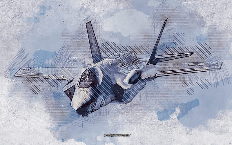 F-35, grunge art, creative art, painted F-35, drawing, Lockheed Martin F-35 Lightning II, grunge abstraction, digital art, American fighter, US Air Force, painted military plane, HD wallpaper