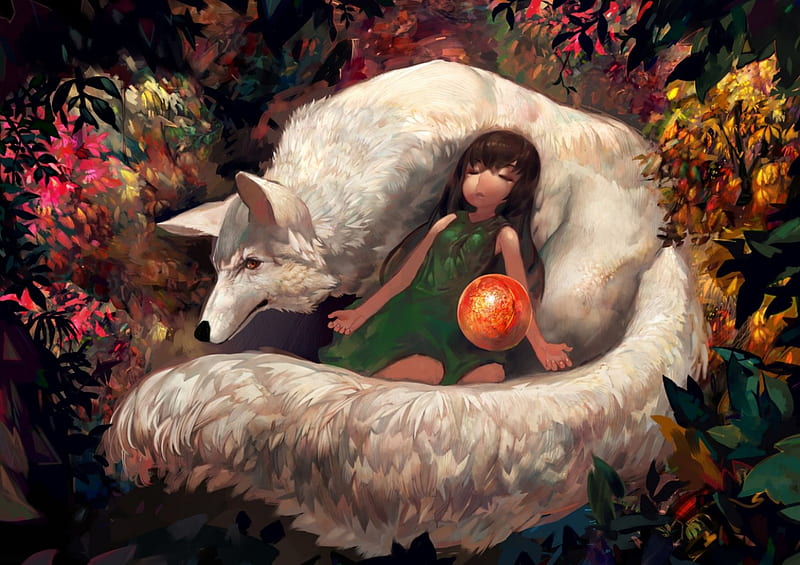 The white fox, art, sleep, orange, onion, manga, animal, girl, fox, anime,  white, HD wallpaper | Peakpx