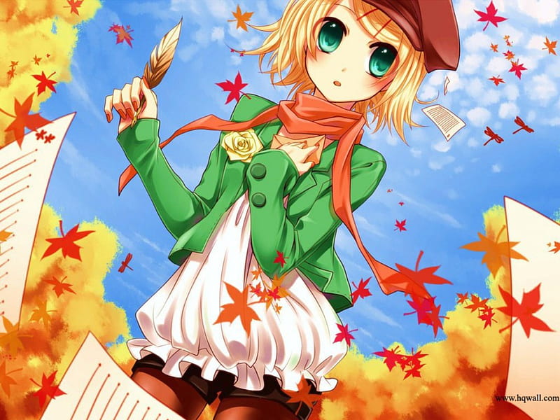 Writing, fall, leaves, girl, anime, paper, HD wallpaper