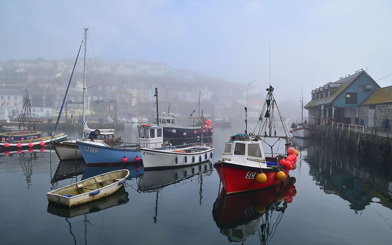 morning, boats, cornwall, fog, england, HD wallpaper