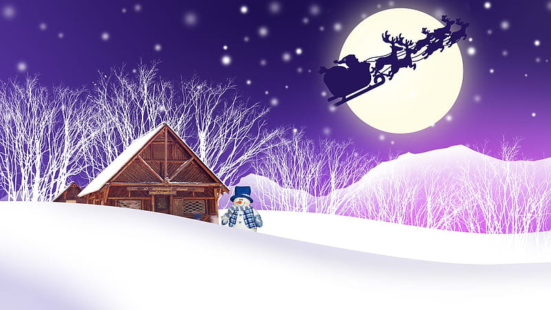 Christmas Eve in the North Country, sleigh, stars, feliz navidad, christmas, firefox persona, cabin, trees, sky, santa claus, winter, cold, purple, snow, full moon, reindeer, HD wallpaper