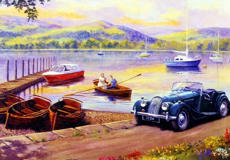 Romantic Melody, beach, boats, car, painting, artwork, landscape, HD wallpaper