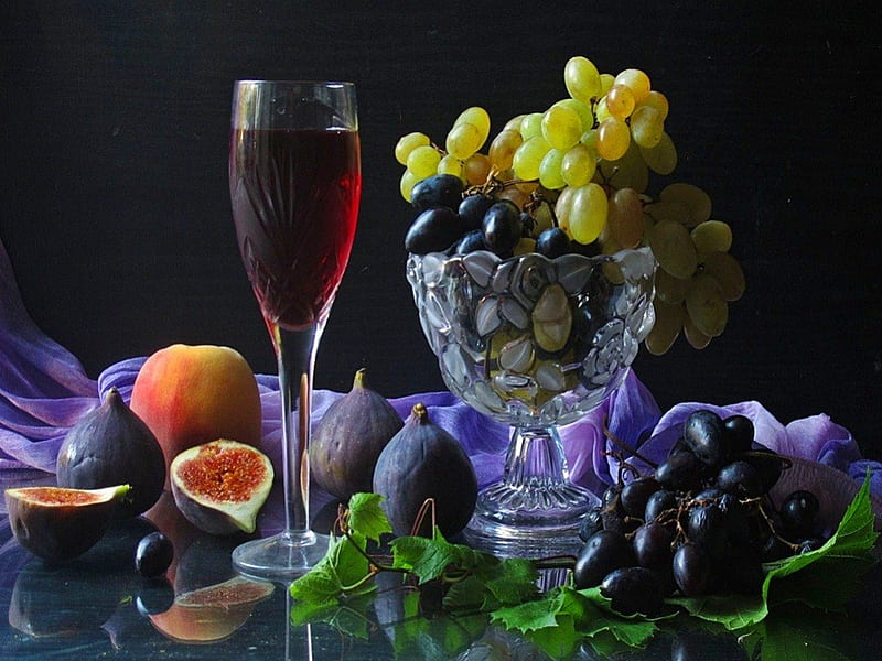 autumn still life, glass, grapes, wine, figs, purple silk, HD wallpaper