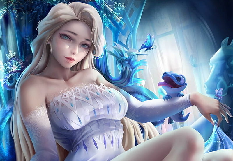 Elsa, fantasy, luminos, girl, peng wang, white, frozen 2, blue, snow queen, HD wallpaper