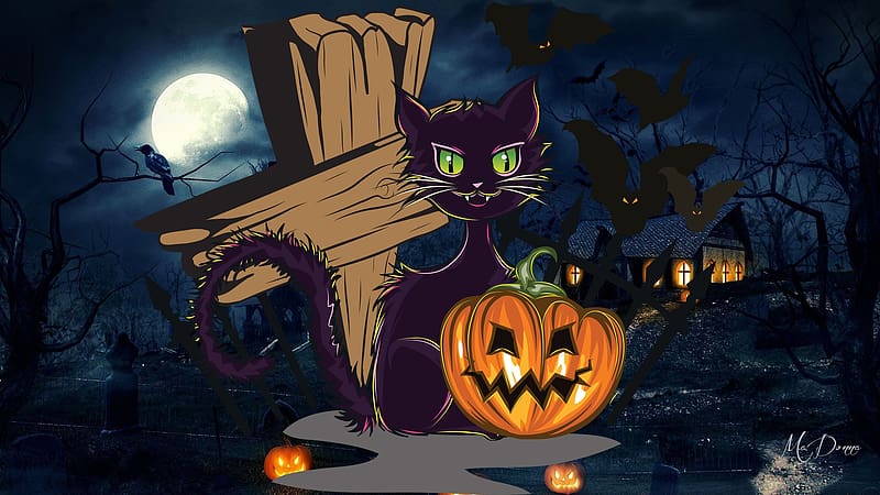 Halloween Purple Cat, full moon, Jack o llanterns, pumpkins, Halloween, cat, spooky, October, All Hallows Eve, cross, HD wallpaper