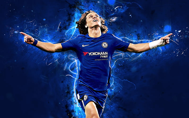 David Luiz, goal, brazilian footballers, abstract art, Chelsea FC, soccer, Luiz, Premier League, football, neon lights, HD wallpaper