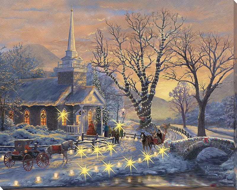 Holiday Eve sleigh ride lighted wrapped, christmas, craciun, thomas kinkade, art, painting, pictura, HD wallpaper