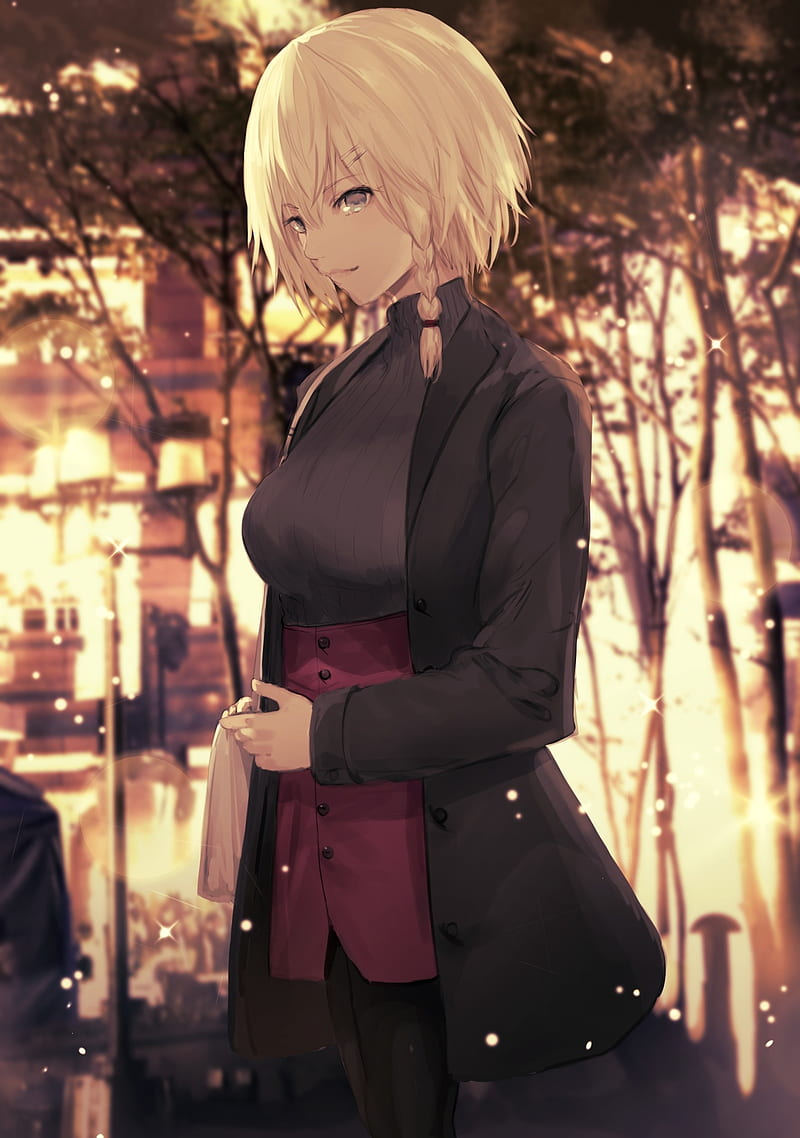 anime girl, blonde, short hair, winter, coat, braid, Anime, HD phone wallpaper