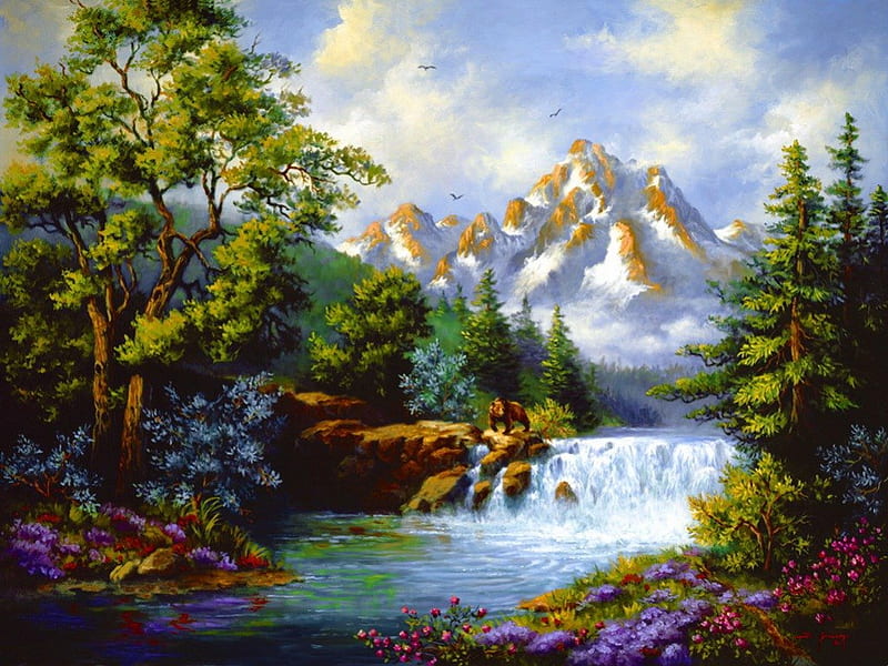 Spring thaw, stream, fall, pretty, shore, flow, thaw, falling, bear, bonito, clouds, snowy, animal, mountain, nice, painting, waterfall, peaks, flowers, river, art, forest, lovely, spring, sky, tree, water, nature, HD wallpaper