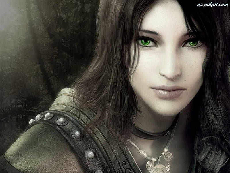 Green Eyes, fantasy, warrior, jewlery, woman, HD wallpaper
