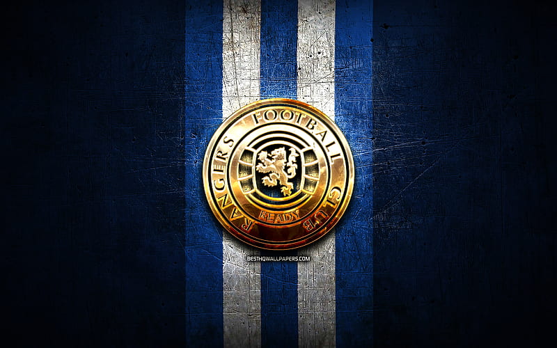Rangers FC, golden logo, Scottish Premiership, blue metal background, football, scottish football club, Rangers logo, soccer, FC Rangers, HD wallpaper