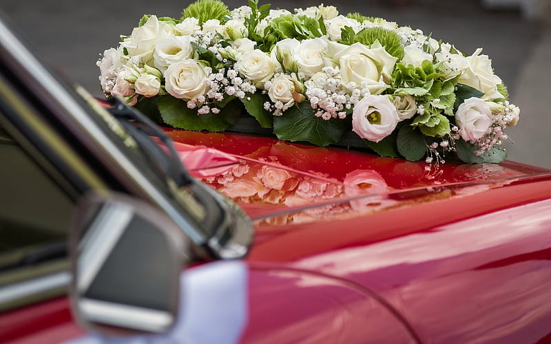 wedding, white roses, wedding car, car decorations, wedding bouquet, HD wallpaper