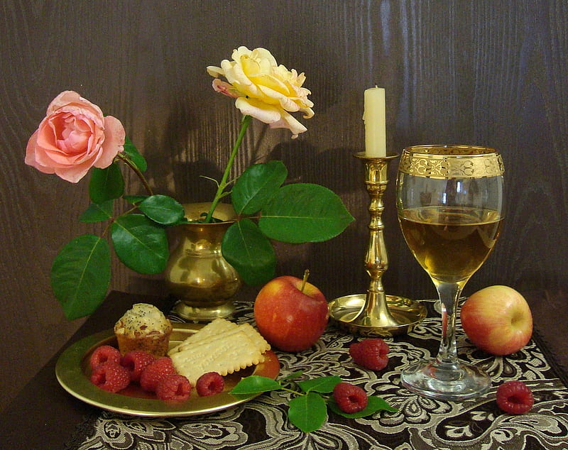 The Golden Evening, candle, fruits, vase, bonito, roses, still life, candlestick, glass, vine, HD wallpaper