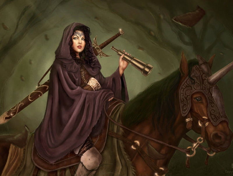 Female on Horseback, female, brown, horse, woman, fantasy, cape, cloak, sword, horseback, HD wallpaper