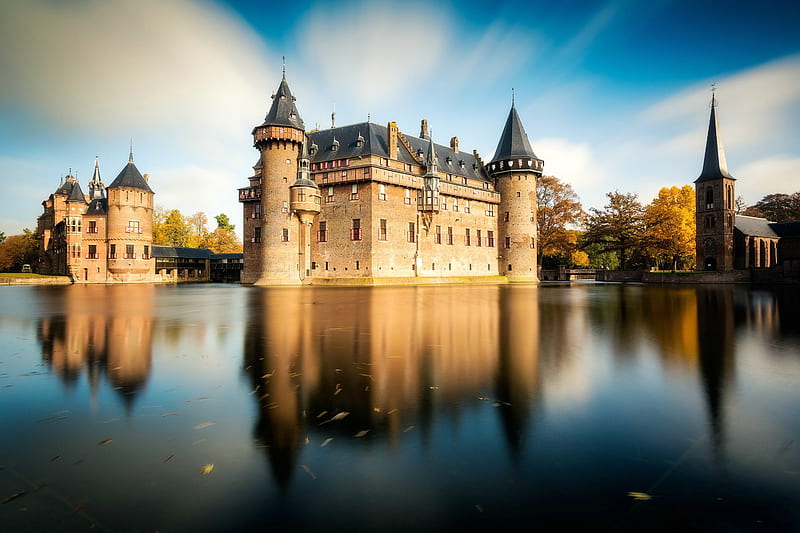 Castle de Haar, Netherlands, netherlands, reflection, medieval, castle, moat, HD wallpaper