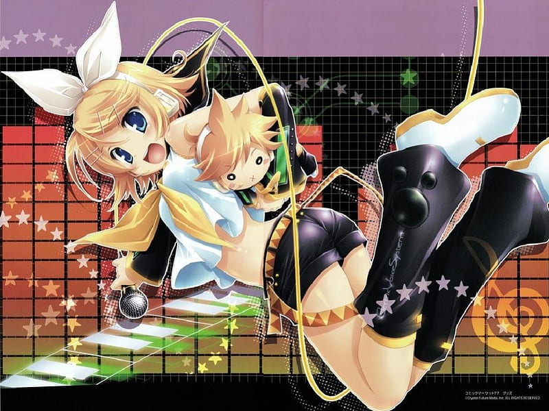Kagamine Rin, vocaloid, 02, orange, crypton future media, video games, yellow, music notes, cute, project diva, microphone, plushie, twins, kagamine len, other, HD wallpaper