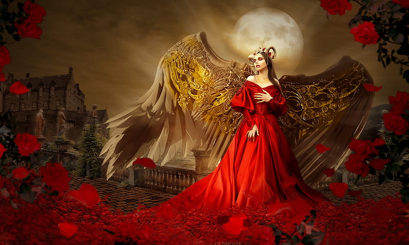 Rose Angel, fantazy, golden wings, fantasy art, red gown, dreamy, moon, Angel, enchanting, Roses, castle, HD wallpaper