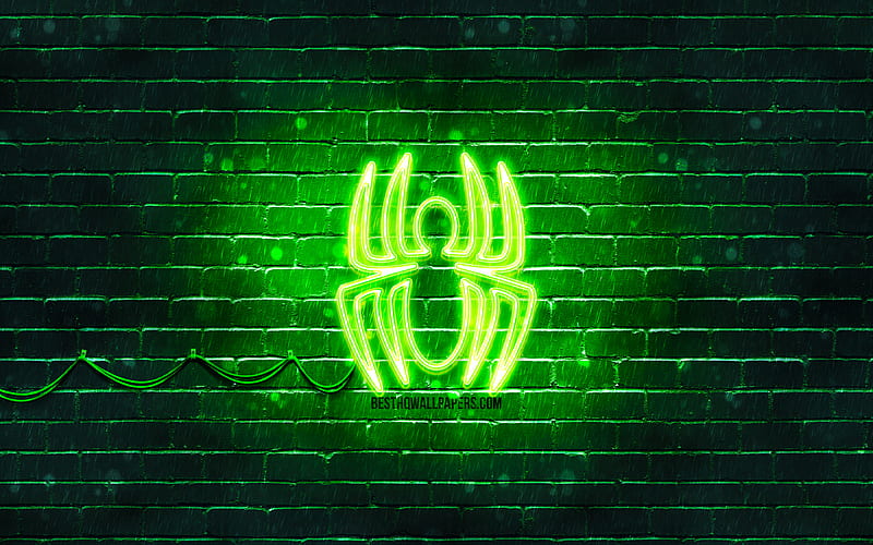 Spider-Man green logo green brickwall, Spider-Man logo, Spiderman, superheroes, Spider-Man neon logo, Spider-Man, HD wallpaper