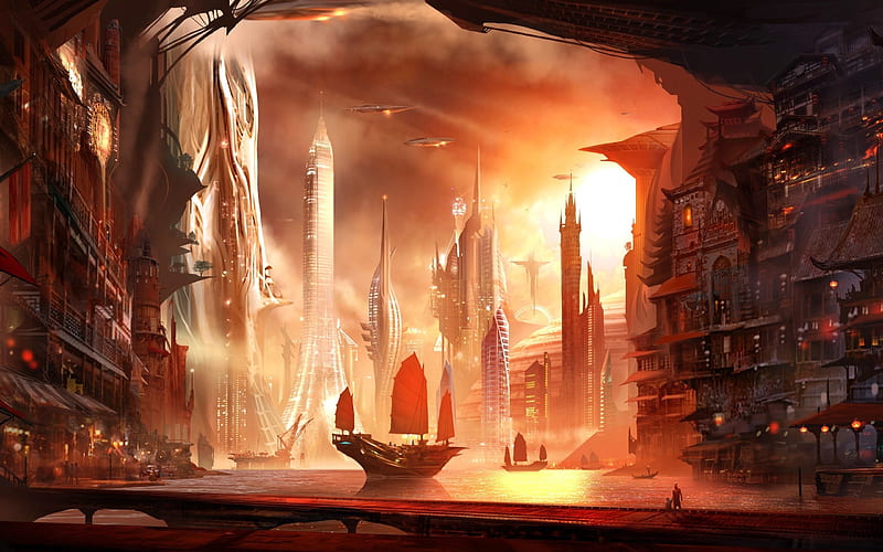 hell city, sci-fi, futuristic, ship, spaceships, Fantasy, HD wallpaper