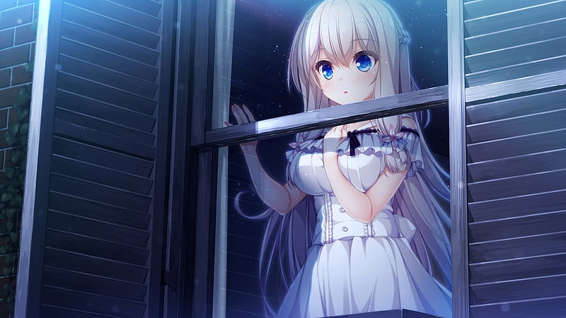 kimihara yua, pieces/wataridori no somnium, visual novel, blue eyes, white hair, Anime, HD wallpaper