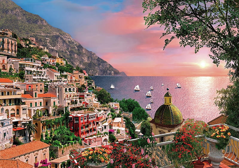 Positano on the Amafi Coast, yachts, water, amalfi, flowers, med, sunset, coast, italy, HD wallpaper