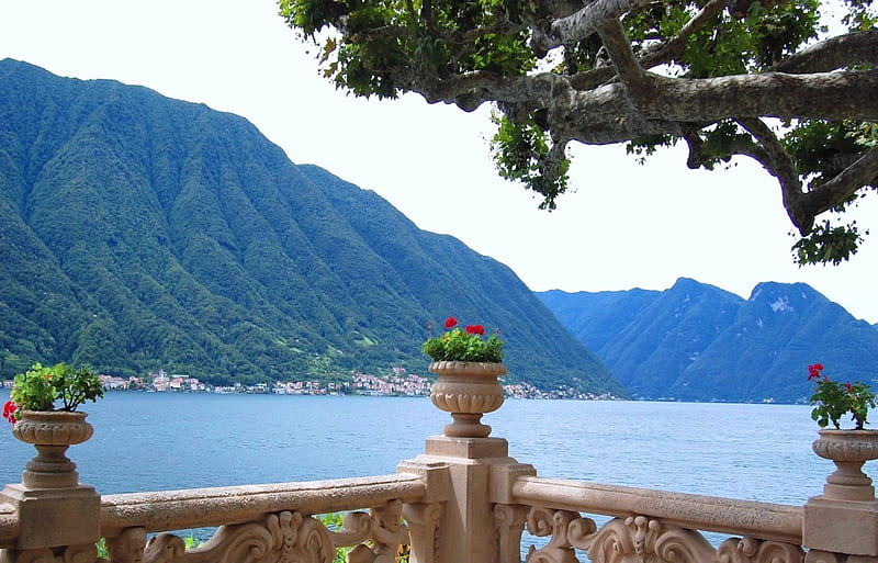 View from the villa Balbianello - Lake Como - Italy, flowers, villa, view, lake, HD wallpaper