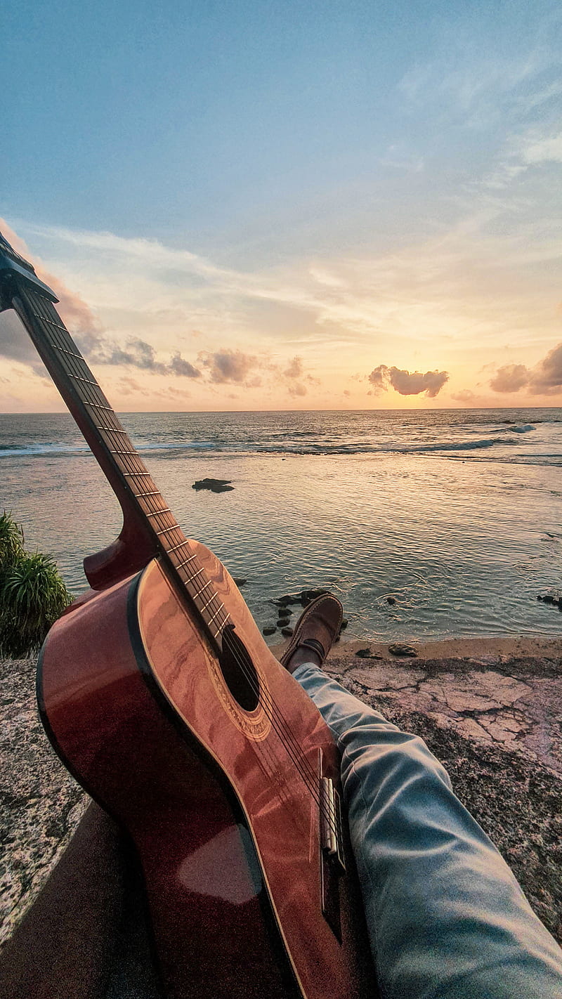 Sunset-Guitar-Sea, galle fort, guitar, music, musician, sea, sri lanka, sunsets, HD phone wallpaper