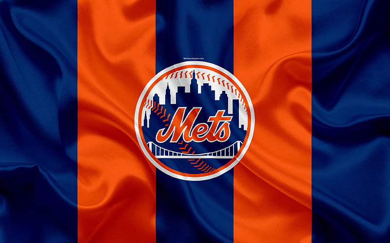 New York Mets logo, silk texture, american baseball club, blue orange flag, emblem, MLB, New York, USA, Major League Baseball, HD wallpaper