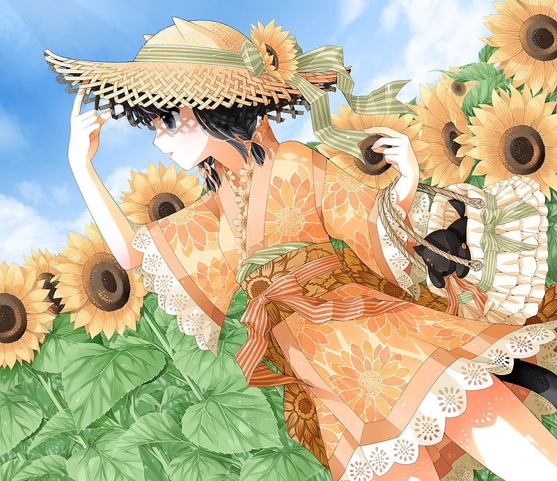 Sunflower field, kuroinu, teddy, kimono, sexy, cute, short hair, girl, sunflowers, japanese clothes, basket, anime, black eyes, black hair, HD wallpaper