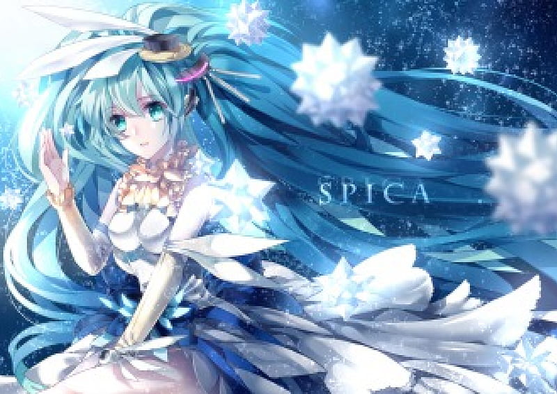 ~Spica~, vocaloid, dress, blue hair, hatsune miku, anime, long hair, blue eyes, HD wallpaper