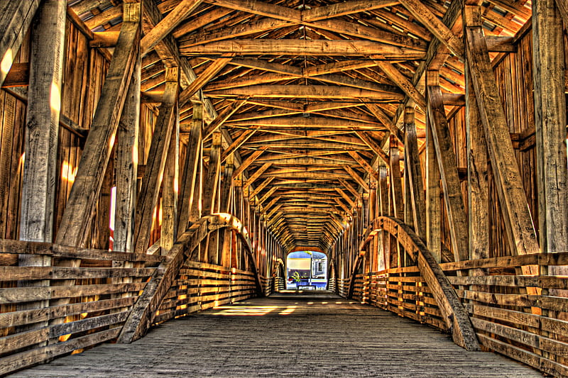Bridge to Yesteryear, architecture, roof, covered bridge, covered, country, old, shelter, timbers, antique, old world, bridge, river, braces, amish, wood, HD wallpaper