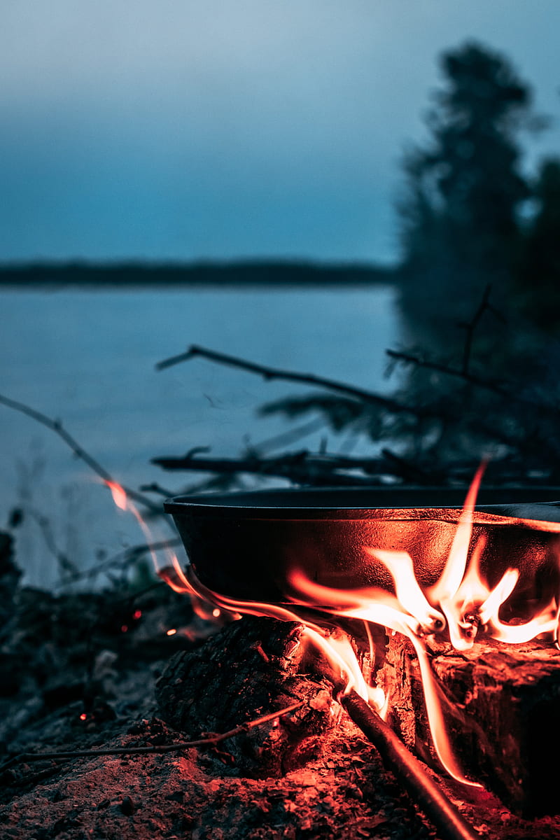 bonfire, pan, fire, camping, HD phone wallpaper
