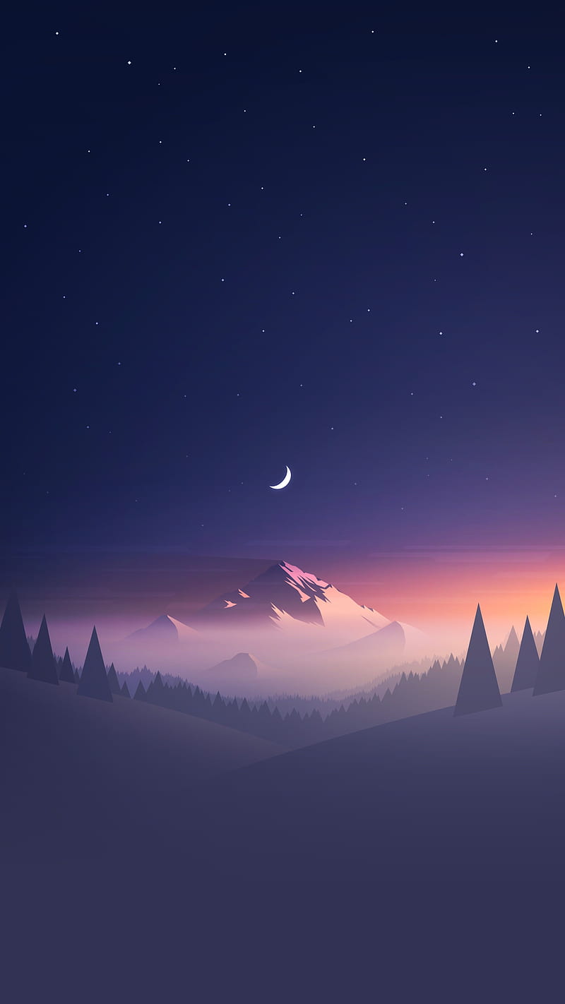 Mountains sunset, moon, pine tree, snow, trees, HD phone wallpaper