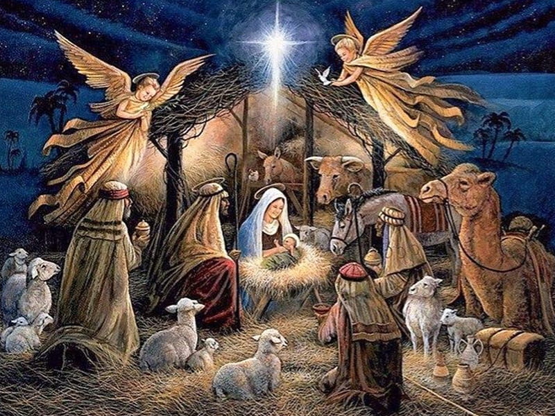 Angels Blessing Jesus, Angels, Joseph, Star, Baby Jesus, Sheep, Mary, Veil, HD wallpaper