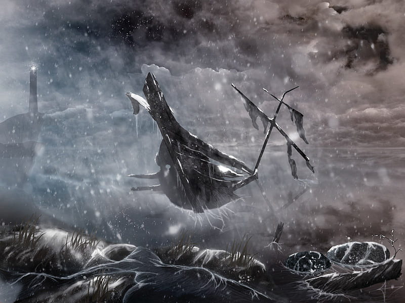 Final Home, artistic, cg, ocean, lighthouse, boat, fantasy, ship, shipwreck, dark, HD wallpaper