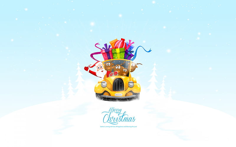 Santa Claus, car, presents, reindeer, Merry Christmas, Xmas, Happy New Year, HD wallpaper