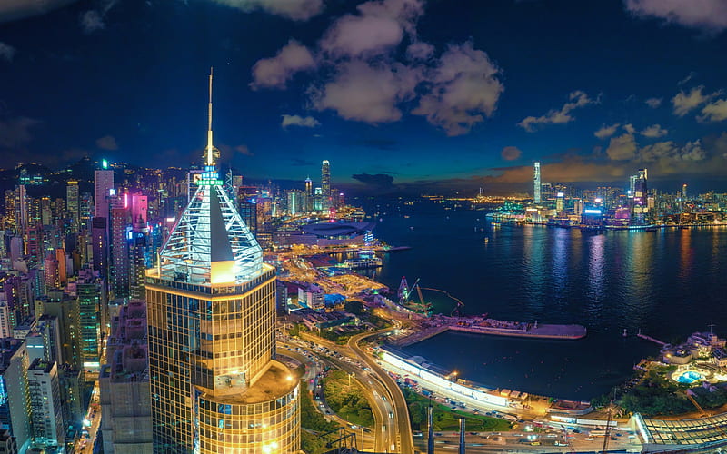 Causeway Bay, Hong Kong, night, skyscrapers, cityscape, panorama, HD wallpaper