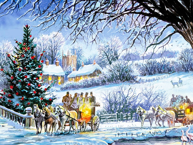 Coming home for Christmas, tree, christmas, snow, men, cart, home, horse, HD wallpaper