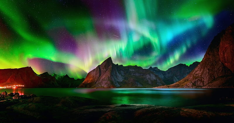 Aurora Borealis Lights over Mountains, Mountains, Aurora Borealis, Sky, Clouds, Northern Lights, Nature, HD wallpaper