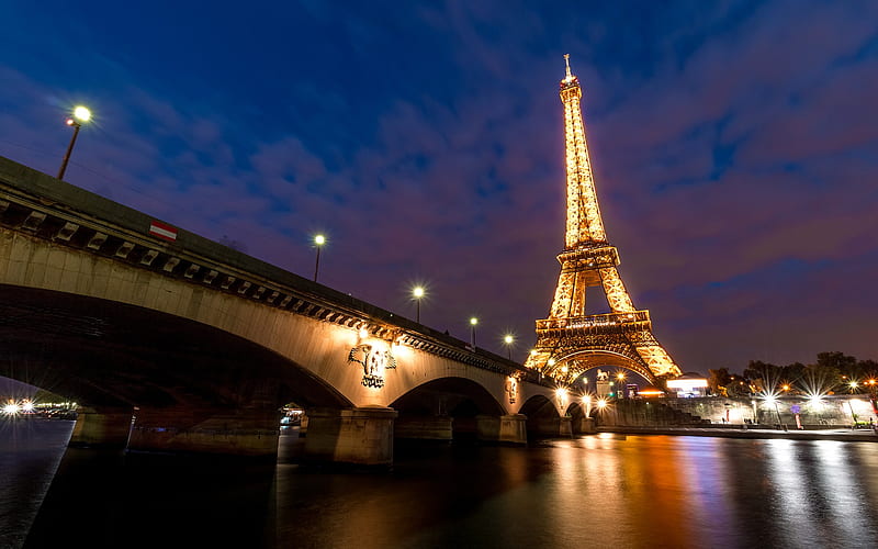 Paris, Eiffel Tower, evening, city lights, river Seine, France, HD wallpaper