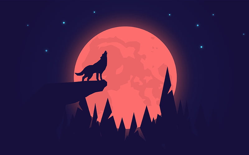 wolf silhouette night, moon, predator, loneliness concept, creative, abstract landscapes, wolf, HD wallpaper