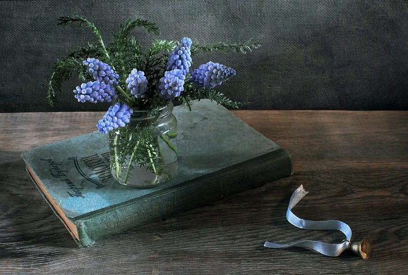 still life, pretty, bar, book, bonito, bell, old, graphy, nice, flowers, blue, harmony, lovely, cool, bouquet, flower, HD wallpaper