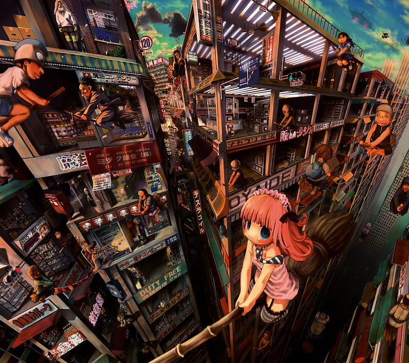 Anime, broom, cute, eyes, flying, manga, HD wallpaper