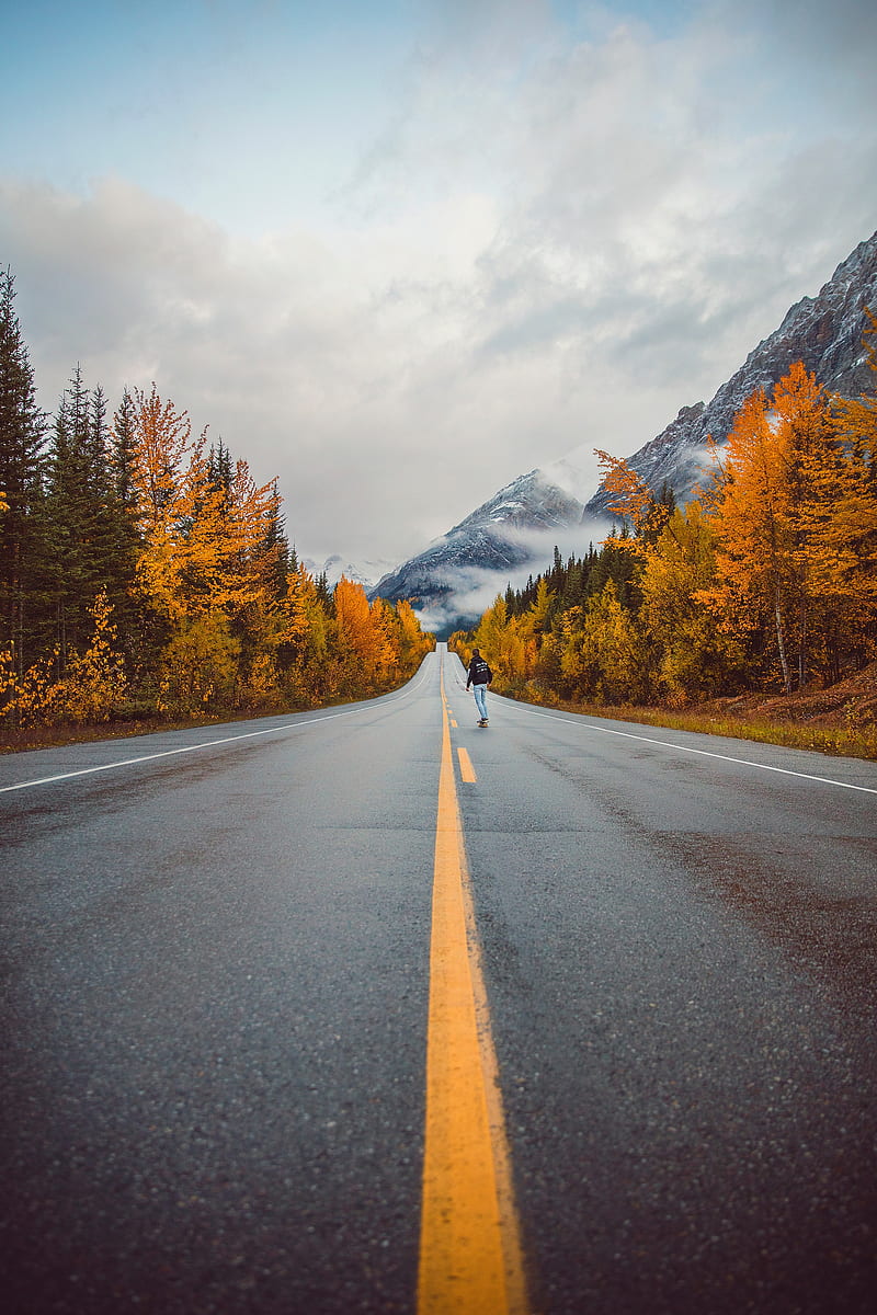 road, man, mountains, trees, autumn, HD phone wallpaper