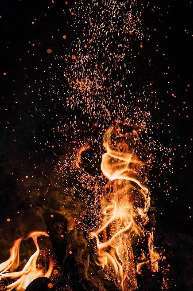Fire, campfire, dark, embers, explosion, flame, heat, light, spark, sparks, HD phone wallpaper