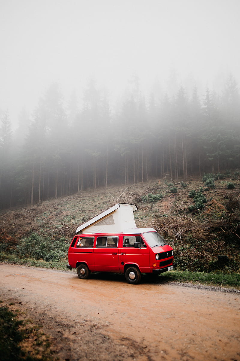 van, car, red, fog, nature, travel, HD phone wallpaper