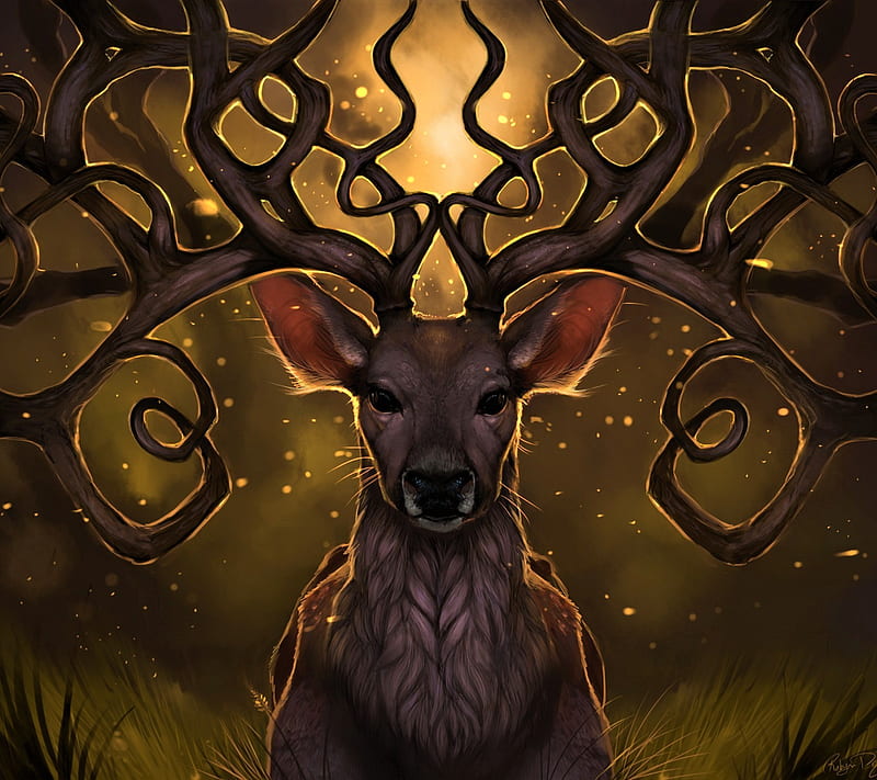 Fantasy deer, antler, artistic, buck, sparkle, sparkles, HD wallpaper