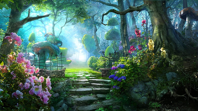 Spring awakening, painting, flowers, blossoms, path, stairs, park, trees, artwork, HD wallpaper