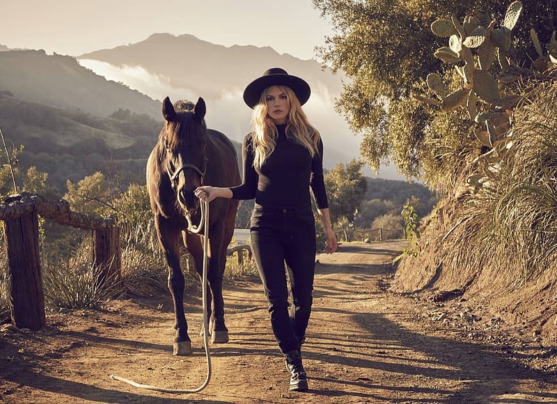 Katheryn Winnick, model, horse, cowgirl, girl, actress, hat, woman, black, HD wallpaper